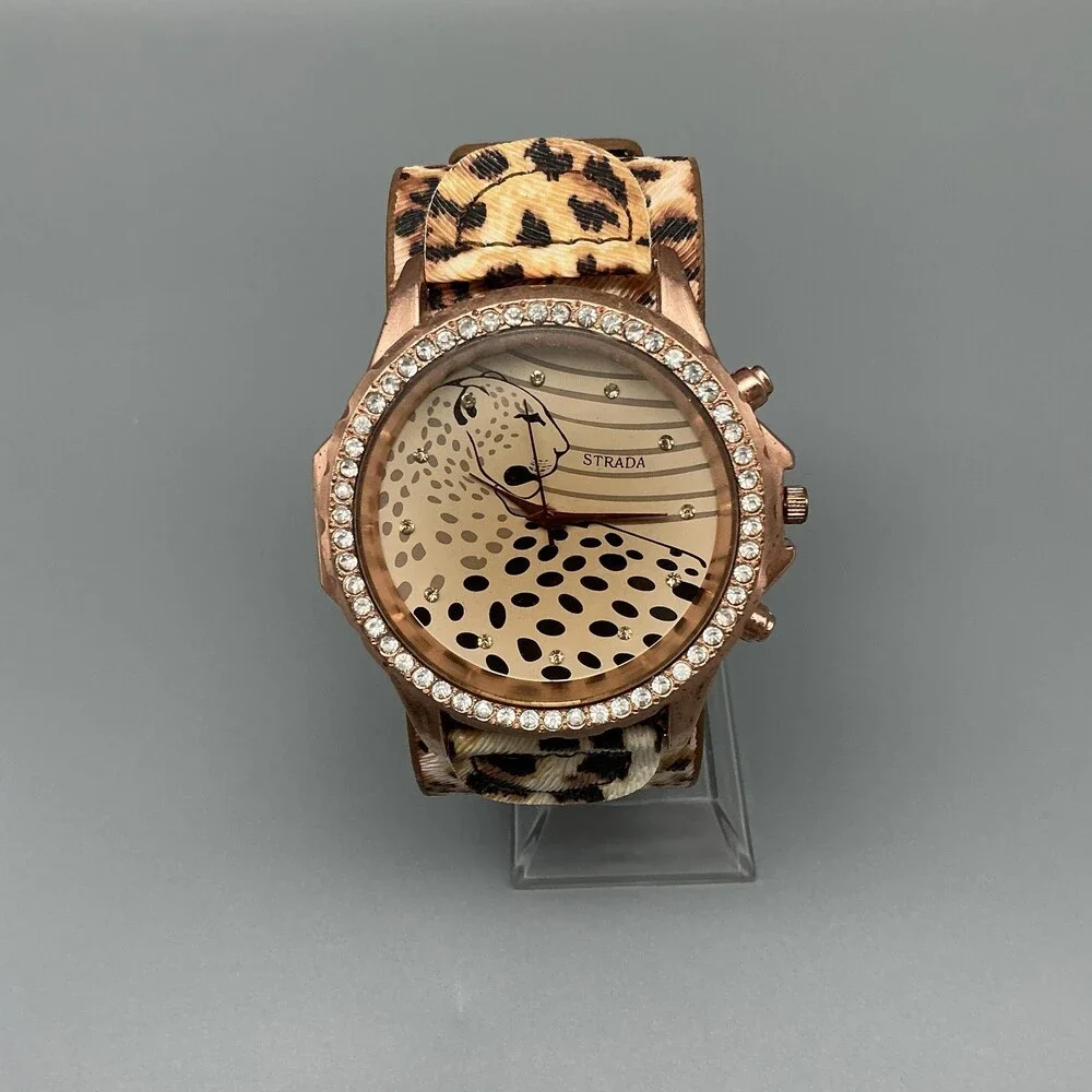 Strada Womens Watch 45mm Rose Gold Tone Cheetah Dial Leopard Strap New Battery